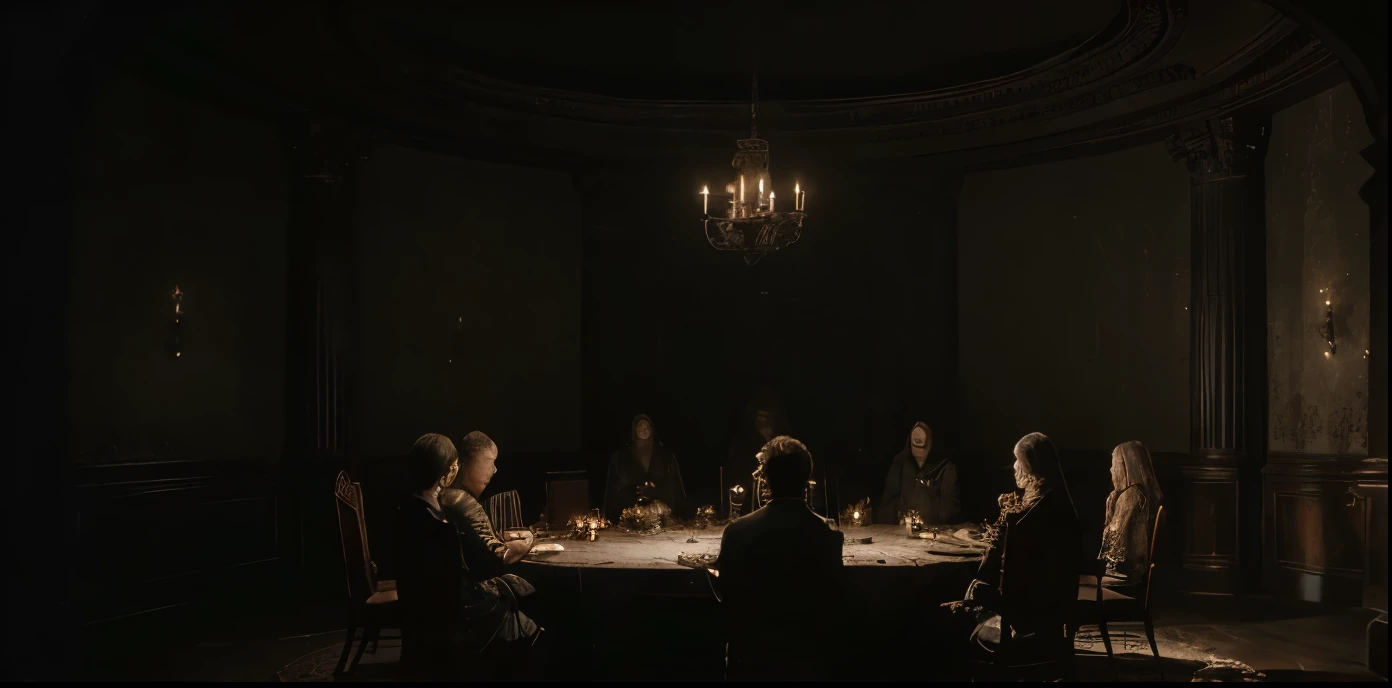 (main focus,strengthened) A seance in Hill House,(high quality,photorealistic) where (((six people are attending - men and women)), (strongly emphasized)with ((one female medium)) in the center. The scene is engulfed in (cinematic, dramatic) darkness, giving it a mysterious and eerie ambiance. (illuminated) Lit candelabras (provide a dim, flickering light) throughout the room, creating (atmospheric, moody) lighting effects. The old building with its (aged, worn-out) architecture sets the stage for the seance to take place.
(additional details) The group maintains a (solemn, solemn yet focused) atmosphere, as they (sit in a circle, gather around a table) in the seance room. Each person wears (vintage, 19th century-inspired) attire, adding to the historical and spiritual feel of the scene. The seance participants have a (serious, concentrated) look on their faces, indicating their dedication to the ritual.
(strengthened,high quality) The artwork is created using (masterful, intricately detailed) illustrations, bringing out the minute elements in the scene. Every detail of the room, from the (antique furniture, faded wallpaper) to the (carved patterns, intricate engravings) on the candelabras, is rendered with (unparalleled, meticulous) precision.
(artistic style) The artwork evokes a sense of (gothic, supernatural) horror and mystery, reminiscent of the atmosphere in the classic novel "The Haunting of Hill House." The colors used are (dark, muted), enhancing the ominous mood of the seance. The lighting is strategically placed to (accentuate shadows, create a chiaroscuro effect), adding depth and drama to the image.
(light) The room is dimly lit, with (subtle, eerie) light casting intriguing shadows on the participants' faces. The flickering flame from the candelabras adds a (warm, inviting) glow, creating a juxtaposition between the darkness and illumination.