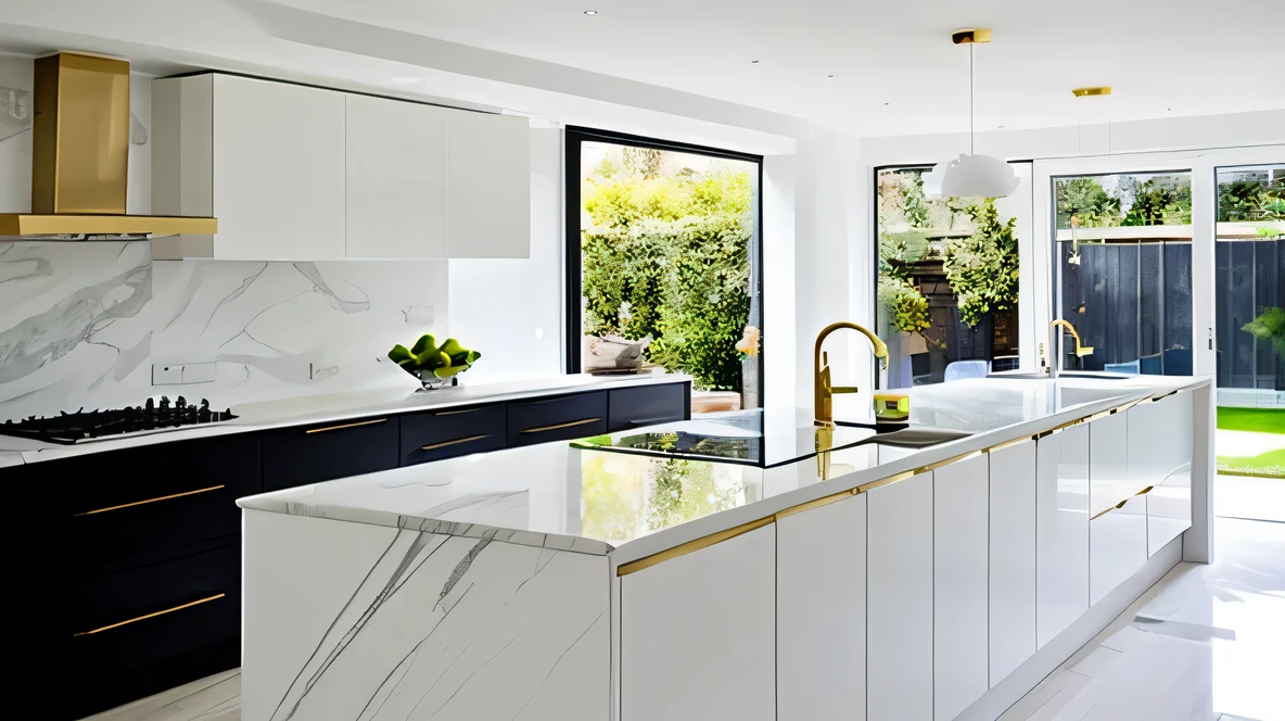 open plan home, white walls, modern contemporary, nice furniture, white walls, shaker kitchen, white marble worktops, gold kitchen handles