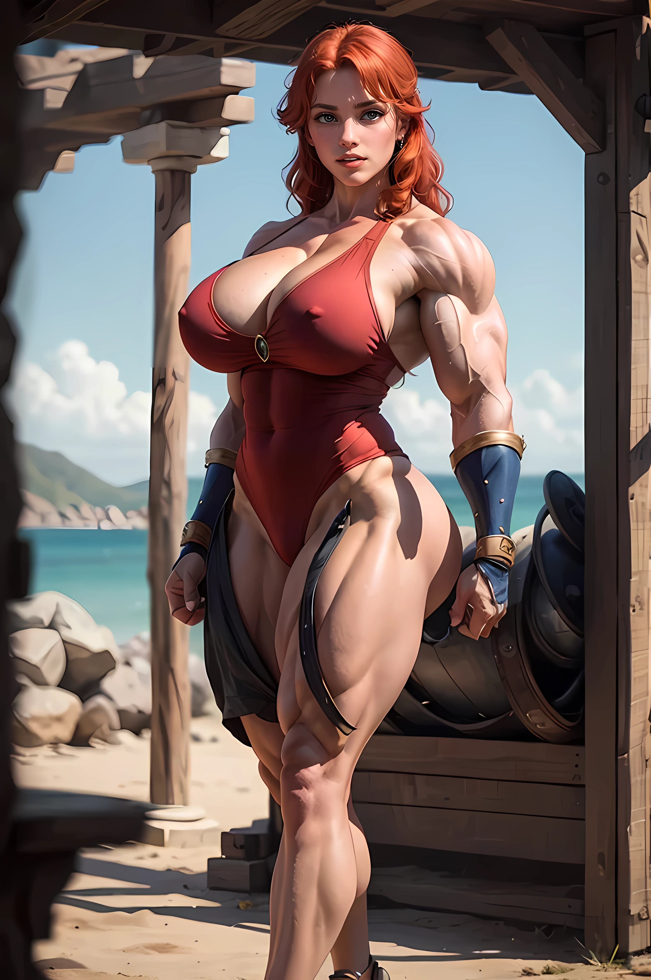 In this cinematic portrait of exceptional quality in stunning 8K resolution, capturado com maestria pela Canon EOS R6, witness the legendary Red Sonja. The cinematic volumetric light surrounds the scene, highlighting the imposing presence of Red Sonja. Com sua espada nas costas, ela exala coragem e bravura. His magnificent body is captured in its fullness, com roupas que refletem sua natureza guerreira. His face is a true ultra detailed spectacle. Every feature, from his striking features to his mesmerizing eyes, is captured with impressive precision. Her determined gaze reveals the resilience of this legendary warrior. This 8K portrait is a true visual masterpiece, transporting you to the world of Red Sonja. Every detail of the image is captured with the highest quality, providing an immersive and immersive experience. ((NSFW)), (((accurate anatomy))), ((wide hips)), (((Huge breasts))), ((long legs)), (((Massive Female Bodybuilder))), ((((Muscular Legs)))), (((((Huge Muscles)))))