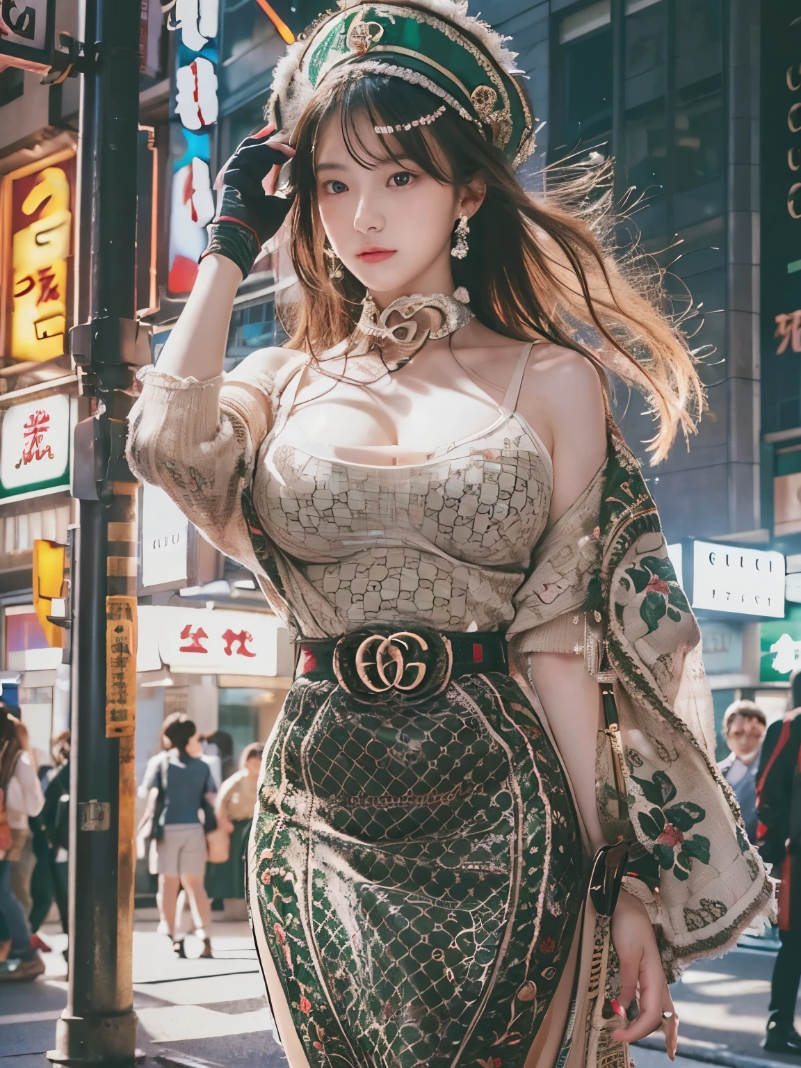 spread legs, Photo realistic, High resolution, detailed background, detailed beautiful skin, detailed nose, soft lighting, (solo shot:1.23), (breast focused:1.3), looking at viewer, (((nice hand, perfect hand))), clear eyes,// japanese lady, pale skin, mega breasts, // (((wearing gucci setup))), street snap, ((facing viewer)), at the street tokyo,
