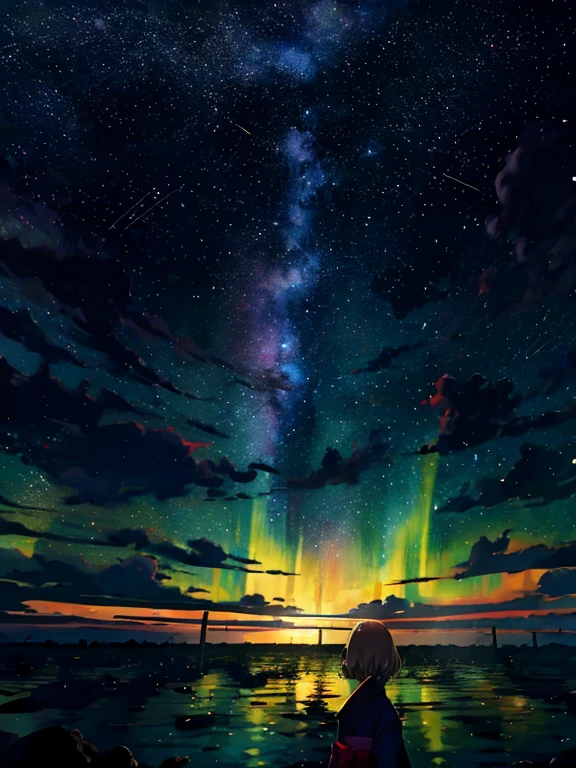 1 chica, a distant girl kiss girl in a kimono gazing at the estrellas, (ampliado: 1.1), (lluvia de meteoros: 1.2), (cometa: 1.1), Su nombre, low angle, from behind, auroras boreales, Meteoros, Yukata, Quimono rojo, Flores de cerezo, De pie en el campo, Mejor calidad, obra maestra, Nubes, vistoso, estrellado, estrellas,