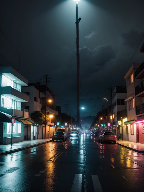 Ciudad oscura, arruinado city, ciudad futurista, ciudad ciberpunk, lloviendo, noche, obra maestra, alta calidad, Mejor calidad, azul oscuro, Edificios altos, Coches modernos, desordenado architecture, desde arriba, Oscuro, Aterrador, less traffic light, desordenado, arruinado,