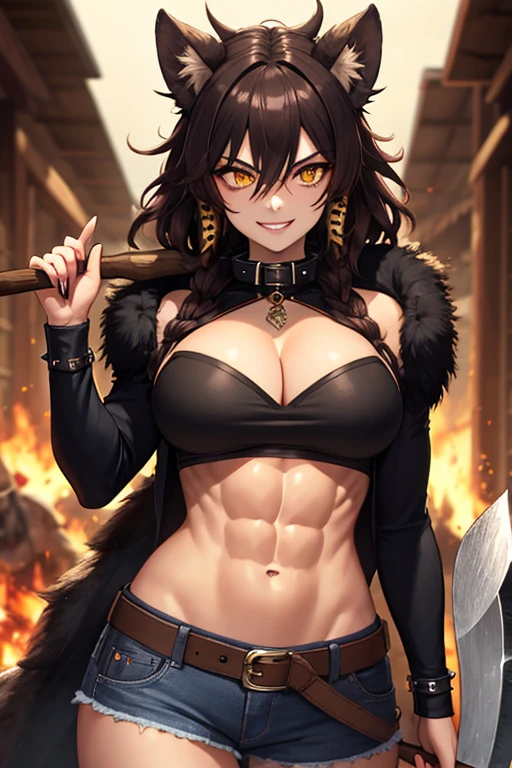 Gnoll woman, woman, Abs, yellow eyes, black fur, spike collar, Gnoll woman, big , big tighs, smile, 4k, hd, pretty face, messy hair, menacing, acurrate eyes, sharp pupils, wild, scary look, holding an axe, Axe,  with hair with Rastafarian braid, (human head), (red Mohican)