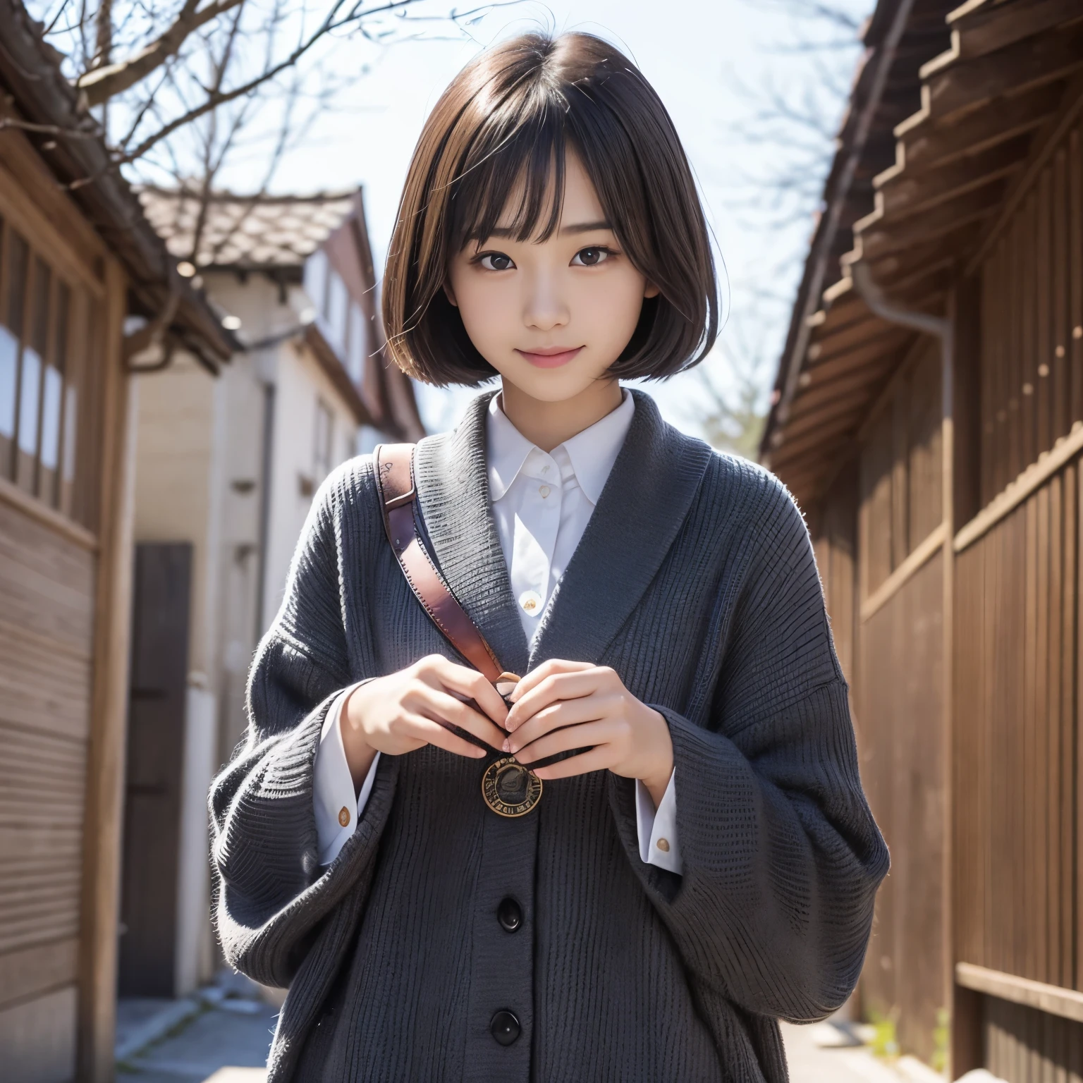 Best-quality, Masterpiece, Ultra-High-Resolution, (Photorealistic:1.4), Raw-Photo, 1girl, 15-years-old, the most famous Japanese idol, at Japanese school, extremely cute face like the most popular Japanese idol, ((extremely beautiful big-black-eyes)), extremely beautiful black-short-cut-haired, extremely beautiful skins, extremely beautiful long-eyelashes, extremely beautiful lips, wearing winter Japanese-school-uniform, looking at viewer, innocent smile, de