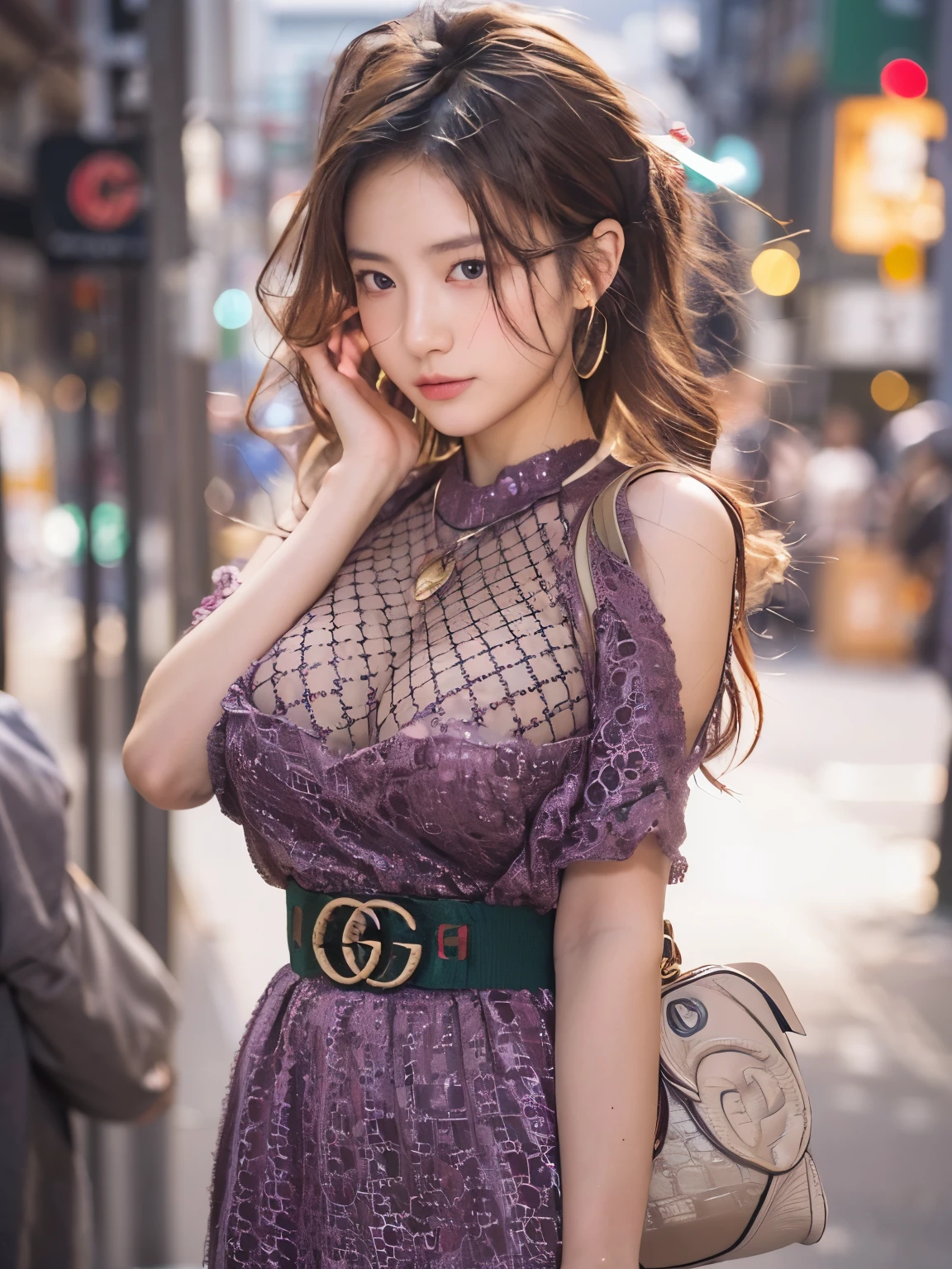 Photo realistic, High resolution, detailed background, detailed beautiful skin, detailed nose, soft lighting, (solo shot:1.23), (upper body:1.1), closed shot, (breast focused:1.3), looking at viewer, (((nice hand, perfect hand))), clear eyes,// japanese lady, pale skin, mega breasts, // (((wearing gucci setup))), street snap, ((facing viewer)), at the street tokyo, ((standing)),