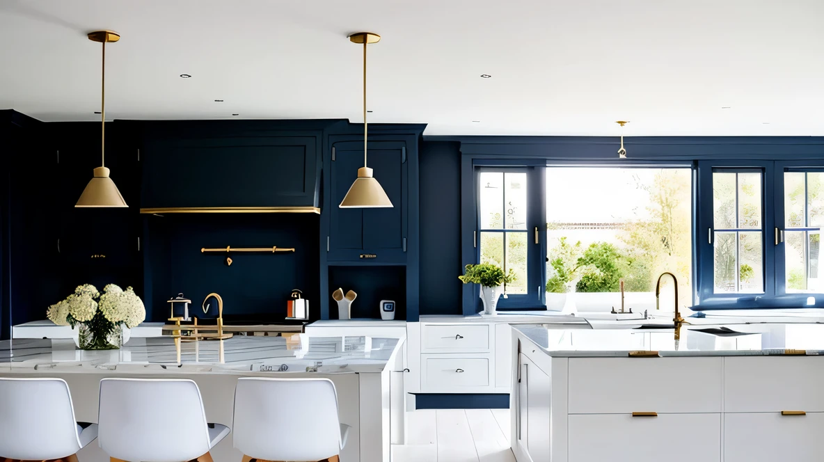 open plan home, white walls, modern farmhouse, nice furniture, white walls, shaker kitchen, navy blue unit doors, white marble worktops, brass kitchen handles