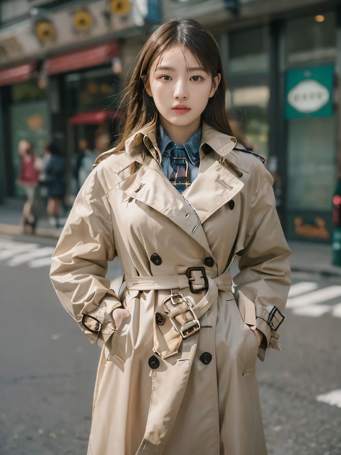 Photo realistic, High resolution, detailed background, detailed beautiful skin, detailed nose, soft lighting, (solo shot:1.23), (upper body:1.1), closed shot, (breast focused:1.3), looking at viewer, (((nice hand, perfect hand))), clear eyes,// japanese lady, pale skin, mega breasts, // (((wearing gucci Trench Coat))), street snap, ((facing viewer)), at the street tokyo, ((standing)),