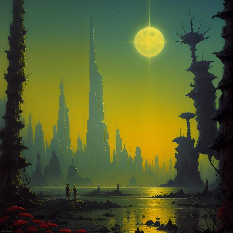 CosmicLandscapes, ((retro)), ((Painting of an alien landscape)), ((abismo)), (cielo amarillo), ((agujero negro)), ((thin atmosphere)), ((Alien plants)),  ((ciudad futurista)), ((agujas altas)), Claroscuro, bellamente iluminado, cinematic lighting, dramatic lighting, natural lighting, naturalismo, ((golden ratio)), detallado, 8k, por Bruce Pennington, Danny Flynn por alexi zaitsev, por Antoine Blanchard, por Brent Heighton, por Jeremy Mann