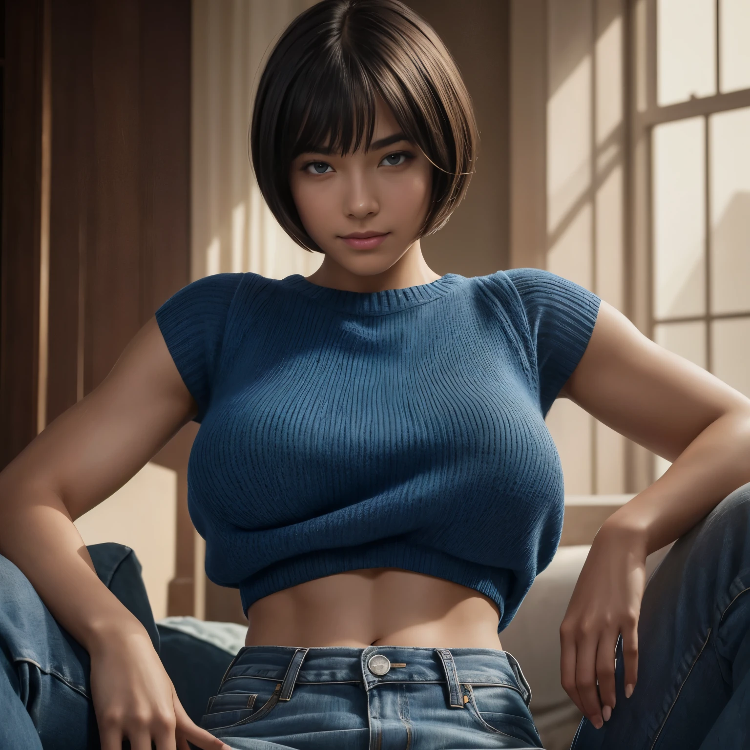 (masterpiece), face of a ager, symmetrical, photorealistic, surreal, beautiful, upper body, bob_cut hair, wearing a simple transparent sweater,denim skirt:1.3, perfect anatomy, (no underwear), large breasts, supernumerary_nipples, seductive and erotic, looking at the viewer, blush, humble, curvy, elegantly formed, very innocent smile, slightly muscular, elegant, close to perfection, dynamic, highly detailed, character sheet, 8k photography, professional photoshoot, conceptual art, highly detailed, smooth, positioned so that the body is symmetrical and balanced directly to the viewer, cinematic lighting, photorealistic, lap of nature