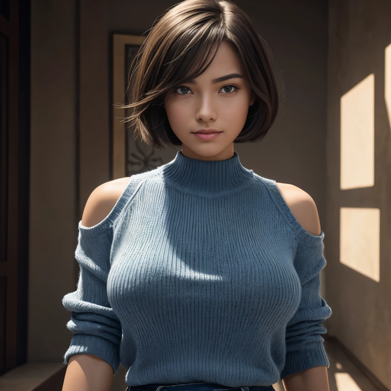 (masterpiece), face of a ager, symmetrical, photorealistic, surreal, beautiful, upper body, bob_cut hair, wearing a simple transparent sweater,denim skirt:1.3, perfect anatomy, (no underwear), large breasts, supernumerary_nipples, seductive and erotic, looking at the viewer, blush, humble, curvy, elegantly formed, very innocent smile, slightly muscular, elegant, close to perfection, dynamic, highly detailed, character sheet, 8k photography, professional photoshoot, conceptual art, highly detailed, smooth, positioned so that the body is symmetrical and balanced directly to the viewer, cinematic lighting, photorealistic, lap of nature