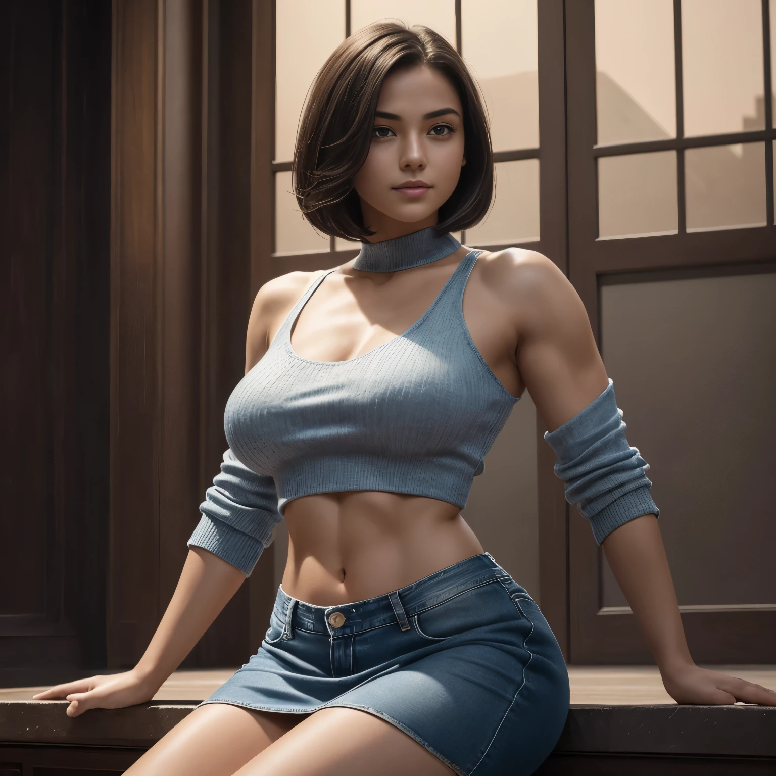(masterpiece), face of a ager, symmetrical, photorealistic, surreal, beautiful, upper body, bob_cut hair, wearing a simple transparent sweater,denim skirt:1.3, perfect anatomy, (no underwear), large breasts, supernumerary_nipples, seductive and erotic, looking at the viewer, blush, humble, curvy, elegantly formed, very innocent smile, slightly muscular, elegant, close to perfection, dynamic, highly detailed, character sheet, 8k photography, professional photoshoot, conceptual art, highly detailed, smooth, positioned so that the body is symmetrical and balanced directly to the viewer, cinematic lighting, photorealistic, lap of nature