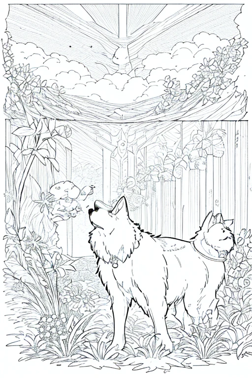 Akita breed dog, collie ou border collie, golden retriever, poodle
, linear,monochrome,cores vibrantes,soft lighting Plants and artistic details form a round frame to house the dog in the center, Popart, arte de rua, Isolated t-shirt design with vector art of a large Poodle dog, cor branca , look at the desert with curiosity and wonder. White Collie dog or bitch should be portrayed with a sense of admiration and fascination, cercado pelas maravilhas da natureza. Use cores suaves e sonhadoras para criar uma atmosfera extravagante e encantadora. The design should evoke a sense of wandering desire and encourage viewers to embrace their own adventurous spirit., isolado, sem antecedentes, no estilo 0mib