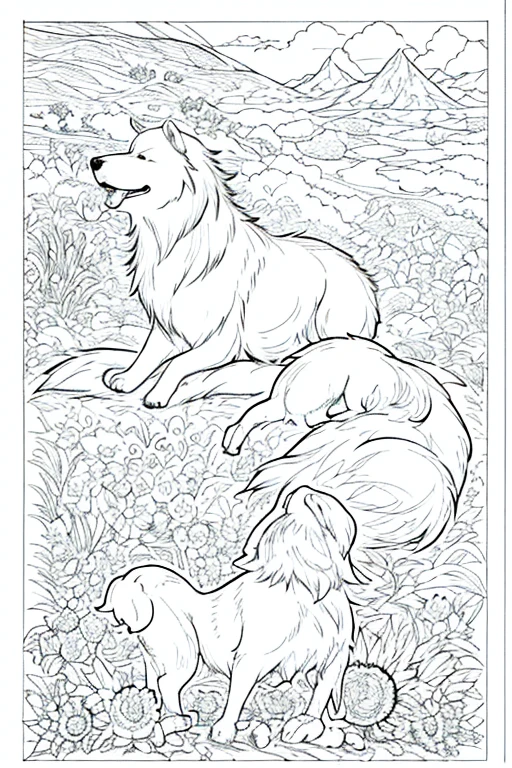        Akita breed dog, collie ou border collie, golden retriever, poodle
, linear,monochrome,cores vibrantes,soft lighting Plants and artistic details form a round frame to house the dog in the center, Popart, arte de rua, Isolated t-shirt design with vector art of a large Poodle dog, cor branca , look at the desert with curiosity and wonder. White Collie dog or bitch should be portrayed with a sense of admiration and fascination, cercado pelas maravilhas da natureza. Use cores suaves e sonhadoras para criar uma atmosfera extravagante e encantadora. The design should evoke a sense of wandering desire and encourage viewers to embrace their own adventurous spirit., isolado, sem antecedentes, no estilo 0mib
