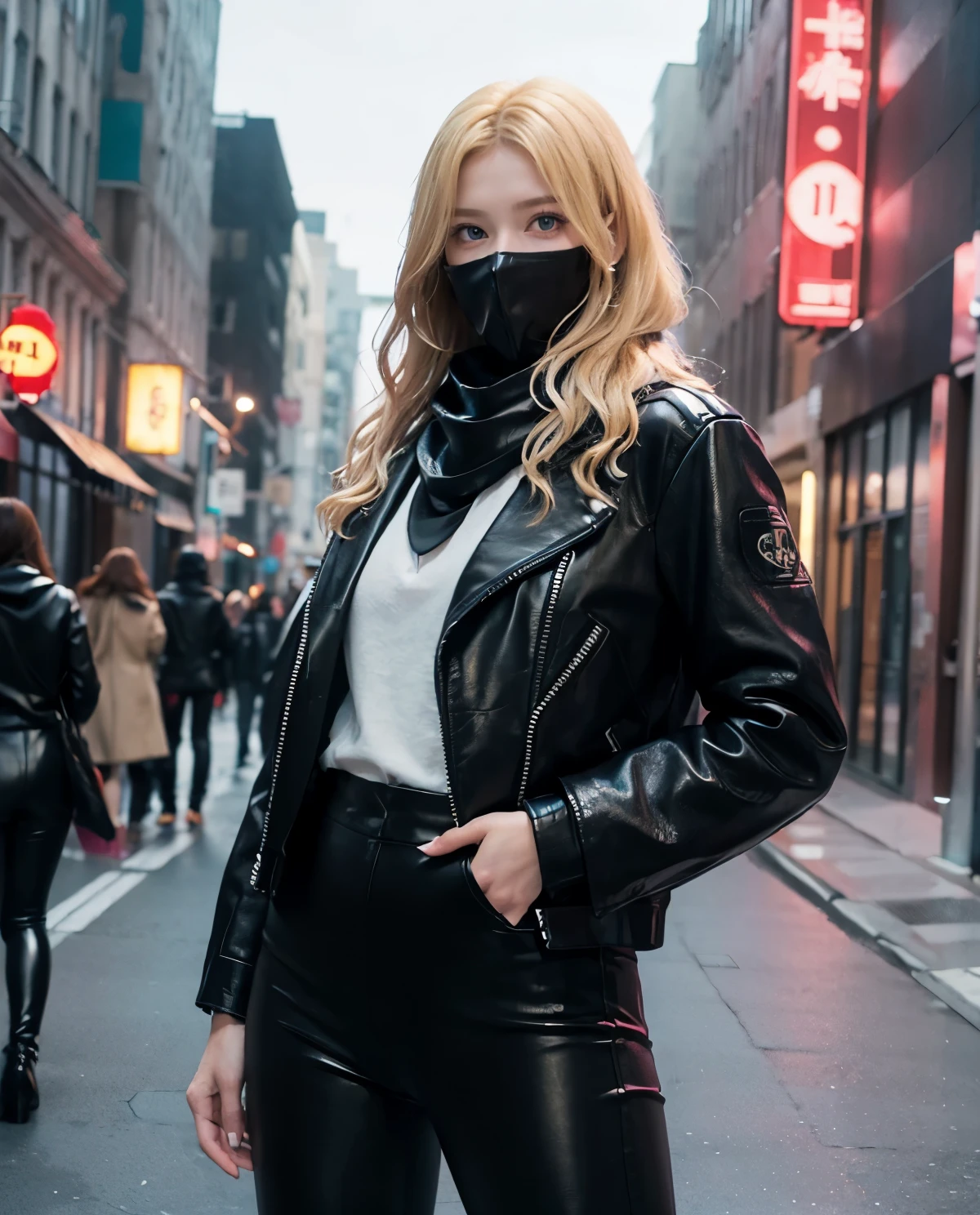 1girl, Blue eyes, (Sana Minatozaki), wide hips, Big , big ass, (Best Quality, 8k, Masterpiece: 1.3), perfect hands, Clear Focus: 1.2, Perfect Body Beauty: 1.4, Highly detailed face and skin texture, detailed eyes, double eyelids, (blonde long hair :1.2), (black leather pants :1.2), (closed black leather jacket :1.2), (black scarf covering mouth :1.3), standing in a city full of buildings at night illuminated by signs