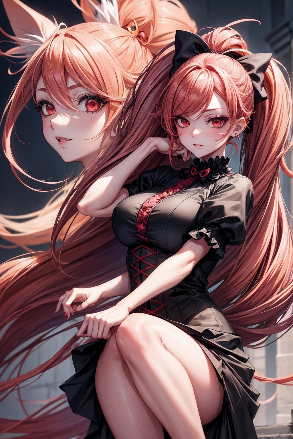 Create an anime woman with long peach colored hair done up in a ponytail with a large black bow. She has mischievous red eyes with makeup. She wears an elegant outfit. 1girl, nsfw, red eyes, high resolution, high-quality, (sinister face and eyes)