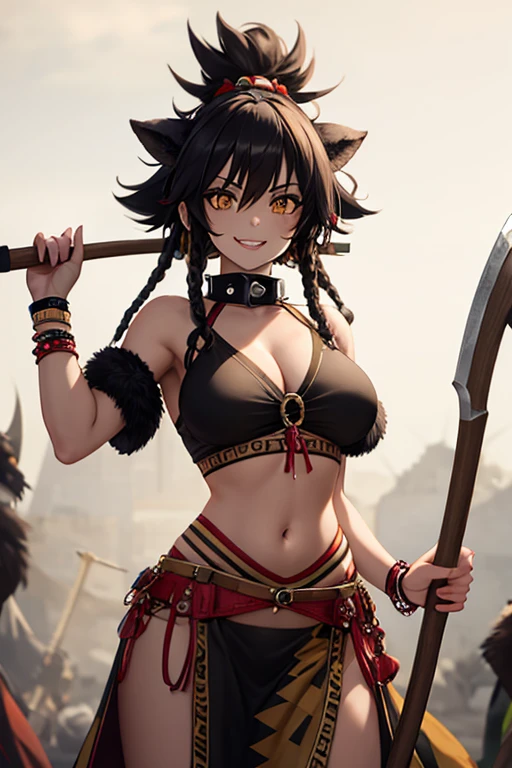 Gnoll woman, woman, yellow eyes, black fur, spike collar, Gnoll woman, big , big tighs, smile, 4k, hd, pretty face, messy hair, menacing, acurrate eyes, sharp pupils, wild, scary look, holding an axe, Axe, with hair with Rastafarian braid, (human head), (red Mohican), tribal clothing, exposed belly