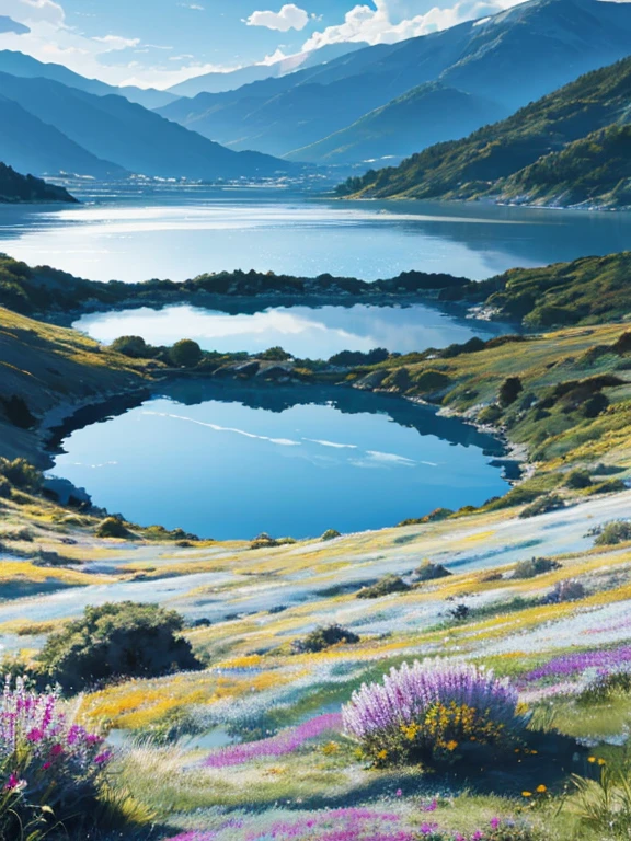 cielo, grandes praderas, moving visuals, luz natural colorida, lago, flor de cerezo, Nubes, piedras