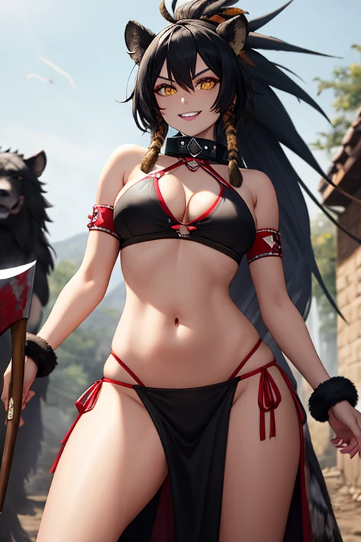 Gnoll woman, woman, yellow eyes, black fur, spike collar, Gnoll woman, big , big tighs, smile, 4k, hd, pretty face, messy hair, menacing, acurrate eyes, sharp pupils, wild, scary look, holding an axe, Axe, with hair with Rastafarian braid, (human head), (red Mohican), tribal clothing, exposed belly