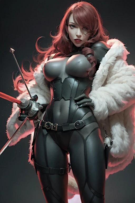 a woman with red lipstick has armor on and is holding a sword, kirijou mitsuru, 1girl, solo, hair over one eye, long hair, (((red hair))), (((red eyes))), weapon, rapier, sword, bodysuit, black bodysuit, grey bodysuit, hand on hip, (((large breasts))), simple background, white background, (purple theme:1.2)
