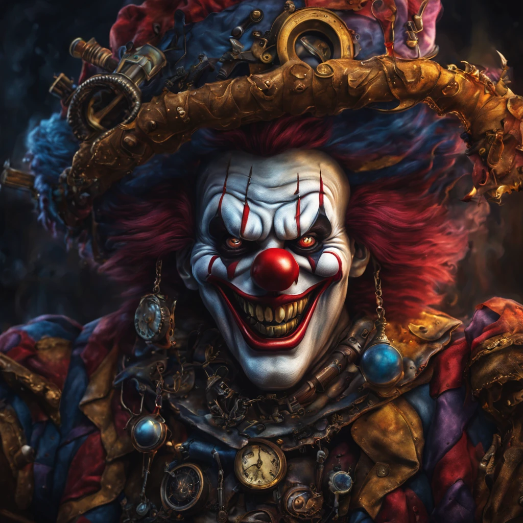 airbrush art of the evil clown of nightmares, in the style of vray tracing, intricate steampunk, cool, vibrant colors, extremely detailed, 8k, masterpiece