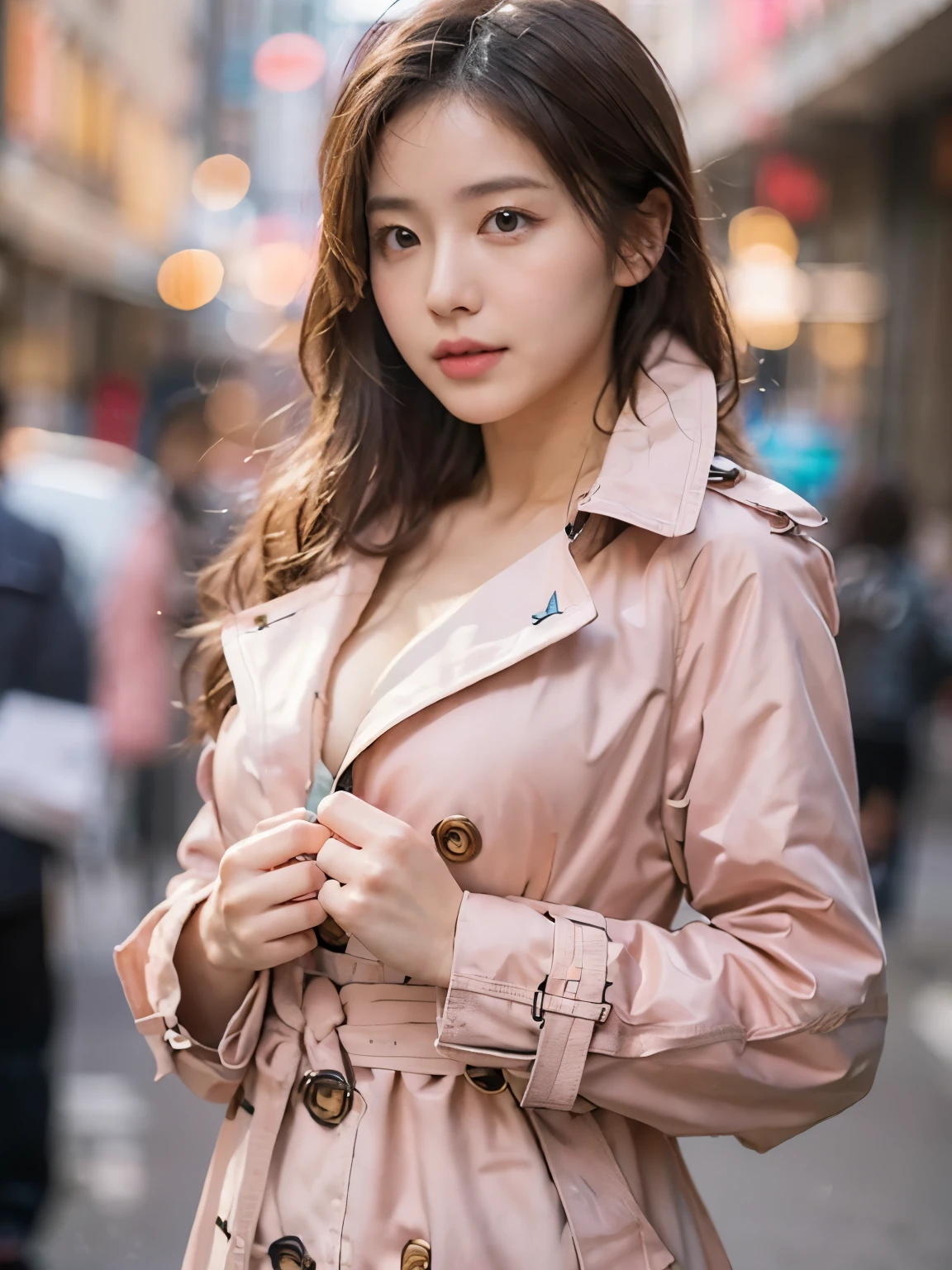 ((cleavage)), Photo realistic, High resolution, detailed background, detailed beautiful skin, detailed nose, soft lighting, (solo shot:1.23), (upper body:1.1), closed shot, (breast focused:1.3), looking at viewer, (((nice hand, perfect hand))), clear eyes,// japanese lady, pale skin, mega breasts, // (((wearing pink Trench Coat))), street snap, ((facing viewer)), at the street tokyo, ((standing)),