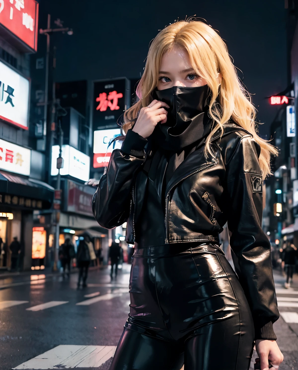 1girl, Blue eyes, (Sana Minatozaki), wide hips, Big , big ass, (Best Quality, 8k, Masterpiece: 1.3), perfect hands, Clear Focus: 1.2, Perfect Body Beauty: 1.4, Highly detailed face and skin texture, detailed eyes, double eyelids, (blonde long hair :1.2), (black leather pants :1.2), (closed black leather jacket :1.2), (black scarf covering mouth :1.4), standing, dynamic pose, in a tokyo city with big buildings at night illuminated by signs