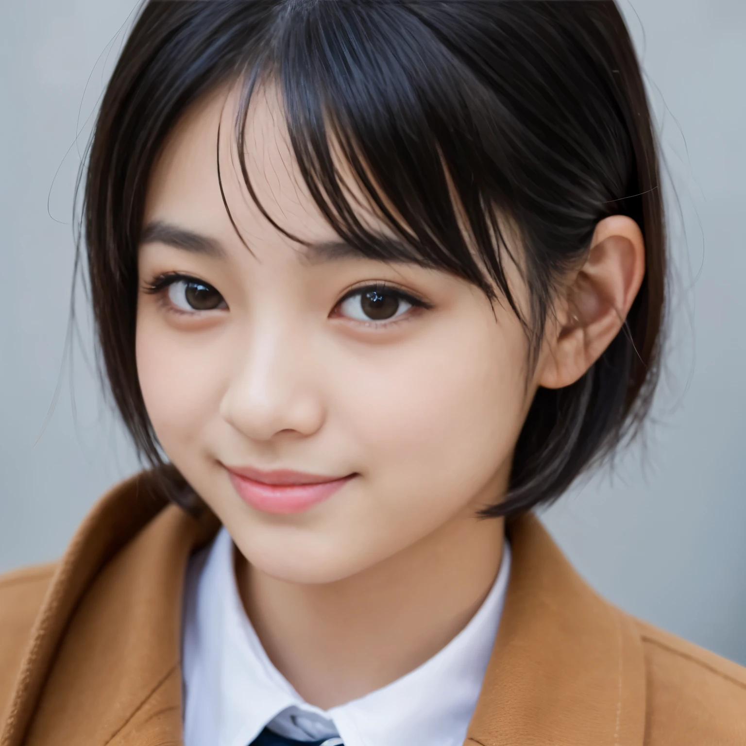 Best-quality, Masterpiece, Ultra-High-Resolution, (Photorealistic:1.4), Raw-Photo, 1girl, -yeld, thost famous Japanese idol, at Japanese school, looking at viewer, innocent-smile, extremely cute face like the most popular Japanese idol, ((extremely beautiful big-black-eyes)), extremely beautiful black-short-cut-haired, extremely beautiful skins, extremely beautiful long-eyelashes, extremely beautiful lips, wearing only winter-Japanese-school-uniform, detailed cute-face, detailed beautiful-big-black-eye, detailed black-short-cut-haired