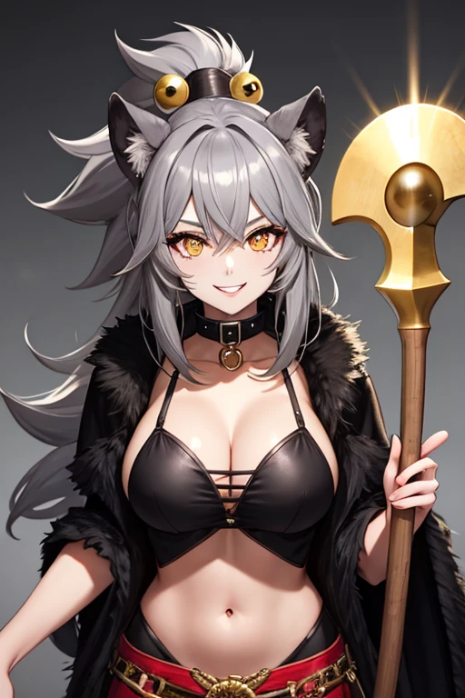 Gnoll woman, woman, yellow eyes, black fur, spike collar, Gnoll woman, big , big tighs, smile, 4k, hd, pretty face, messy hair, menacing, acurrate eyes, sharp pupils, wild, scary look, holding an axe, Axe, with hair with Rastafarian braid, (human head), (Mohican), tribal clothing, exposed belly, (gray hair)