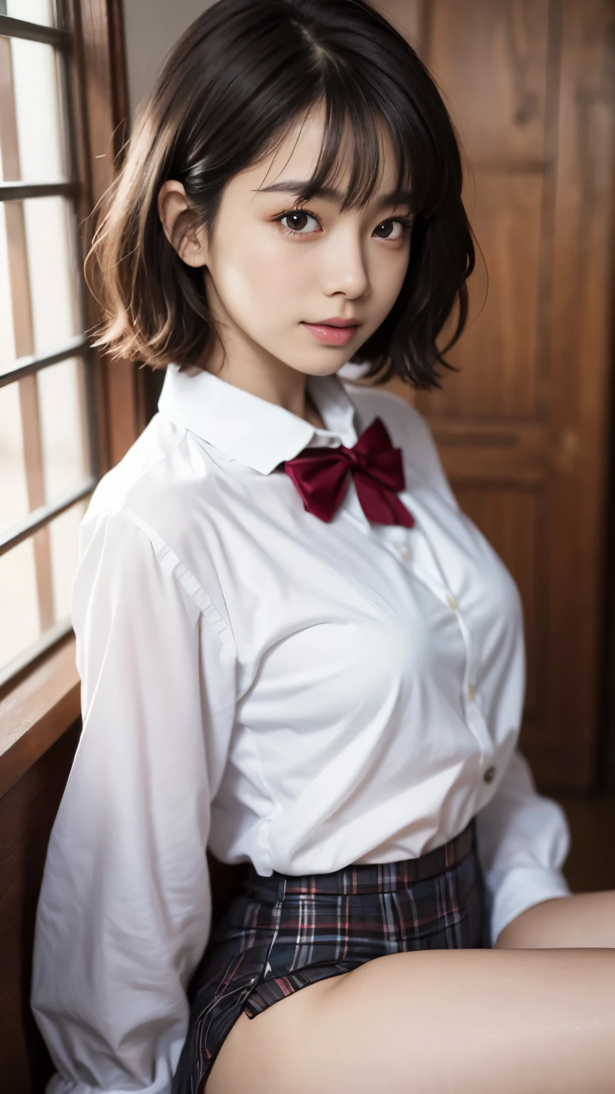 Best-quality, Masterpiece, Ultra-High-Resolution, (Photorealistic:1.4), Raw-Photo, 1girl, 15-years-old, the most famous Japanese idol, at Japanese school, upturned ass, looking at viewer, innocent-smile, extremely cute face like the most popular Japanese idol, ((extremely beautiful big-black-eyes)), extremely beautiful black-short-cut-haired, extremely beautiful skins, extremely beautiful long-eyelashes, extremely beautiful lips, wearing only winter-Japanese-school-uniform, detailed cute-face, detailed beautiful-big-black-eye, detailed black-short-cut-haired