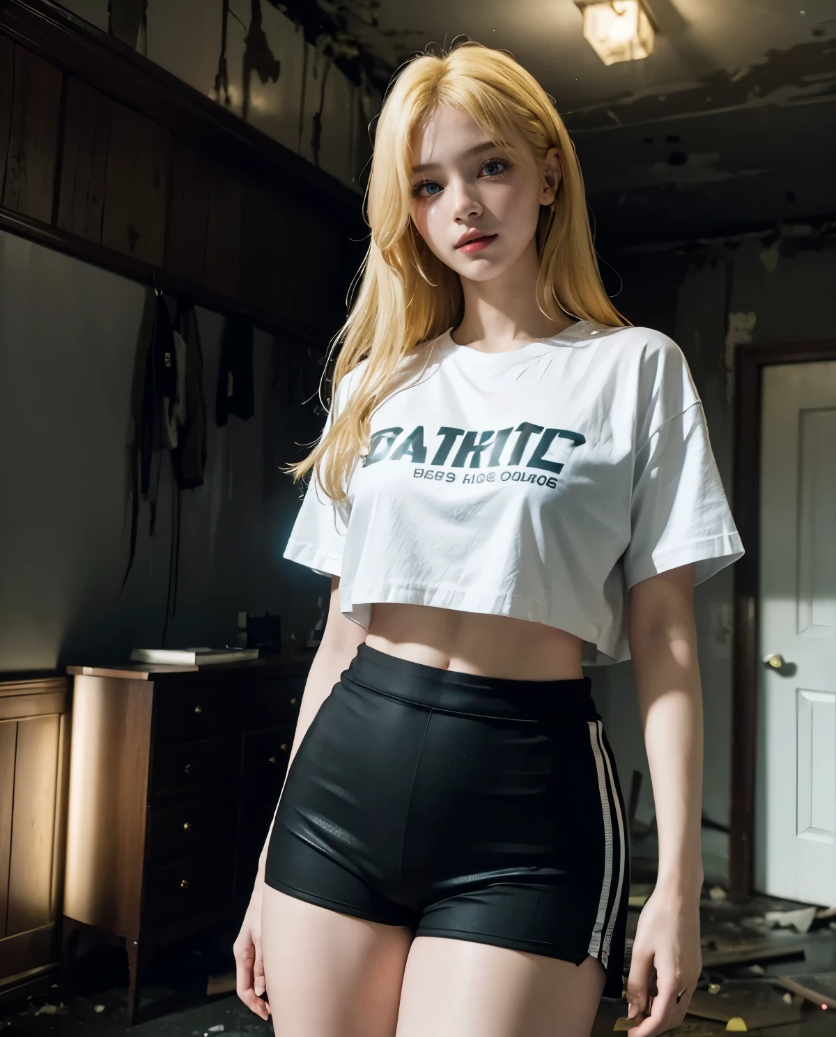 1girl, Blue eyes, (smile), (Sana Minatozaki), wide hips, Big , big ass, (Best Quality, 8k, Masterpiece: 1.3), perfect hands, Clear Focus: 1.2, Perfect Body Beauty: 1.4, Highly detailed face and skin texture, detailed eyes, double eyelids, (blonde long hair :1.2), (black sports shorts :1.3), (white t-shirt), standing, dynamic pose, (in a scary abandoned house at night :1.4), ((dark theme :1.3)), (darkness), fog, mist, dim light,