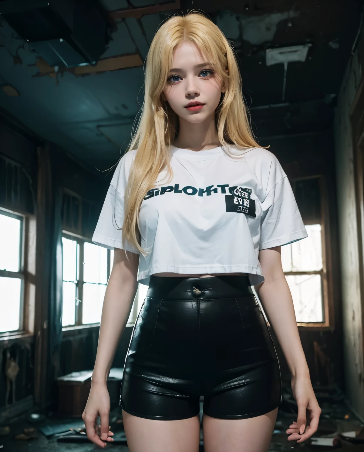 1girl, Blue eyes, (smile), (Sana Minatozaki), wide hips, Big , big ass, (Best Quality, 8k, Masterpiece: 1.3), perfect hands, Clear Focus: 1.2, Perfect Body Beauty: 1.4, Highly detailed face and skin texture, detailed eyes, double eyelids, (blonde long hair :1.2), (black sports shorts :1.3), (white t-shirt), standing, dynamic pose, (in a scary abandoned house at night :1.4), ((dark theme :1.3)), (darkness), fog, mist, dim light,