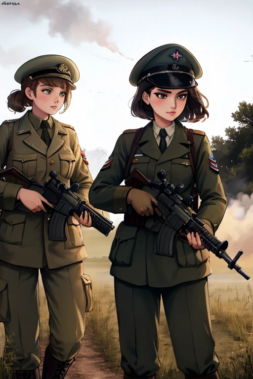 girls in WWII military uniform, using rifles, on the battlefield