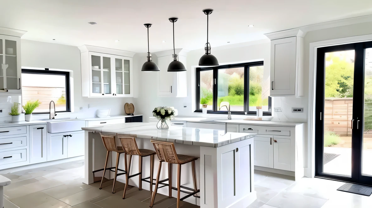 open plan home, white walls, modern farmhouse, nice furniture, white walls, shaker kitchen, white unit doors, white marble worktops, black kitchen handles