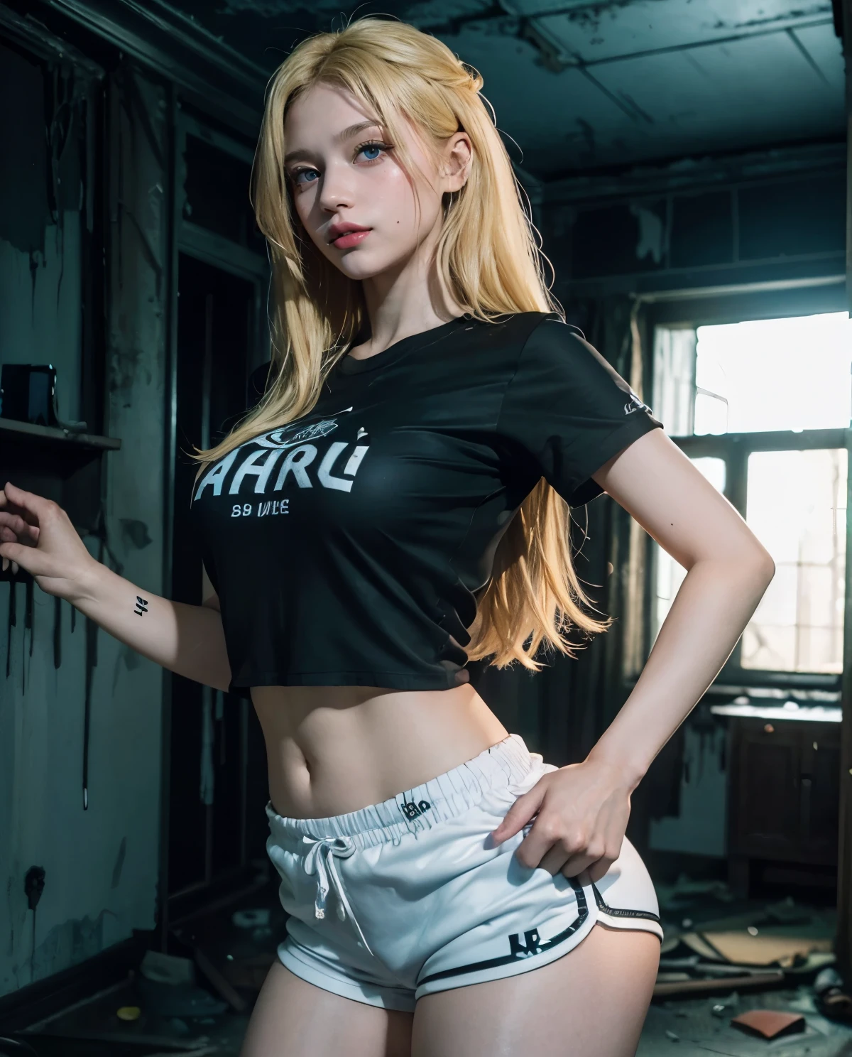 1 chica, (ojos azules), (Sonrisa), (Sana Minatozaki), Caderas anchas, tetas grandes, (gran culo), (Mejor calidad, 8k, obra maestra: 1.3), manos perfectas, Enfoque claro: 1.2, Belleza del cuerpo perfecto: 1.4, Abdominales delgados: 1.2, Textura de cara y piel muy detallada., ojos detallados, double eyelids, (pelo largo rubio ), camiseta negra, shorts de mezclilla, de pie, dynamic pose, in the garden of a house, piscina y parrilla al fondo
