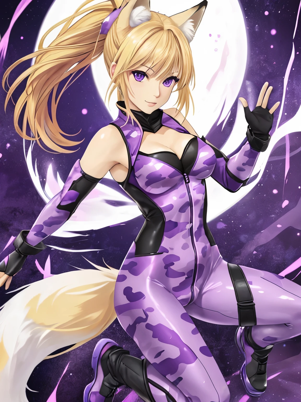 (hyperrealistic), whole body shown, a fox girl with a white fox tail, Sarah Fox, (blonde hair with ponytail), detailed purple eyes, happy, sleeveless purple camouflage Bodysuit, open cleavage, trained body, medium breasts, waving at viewer