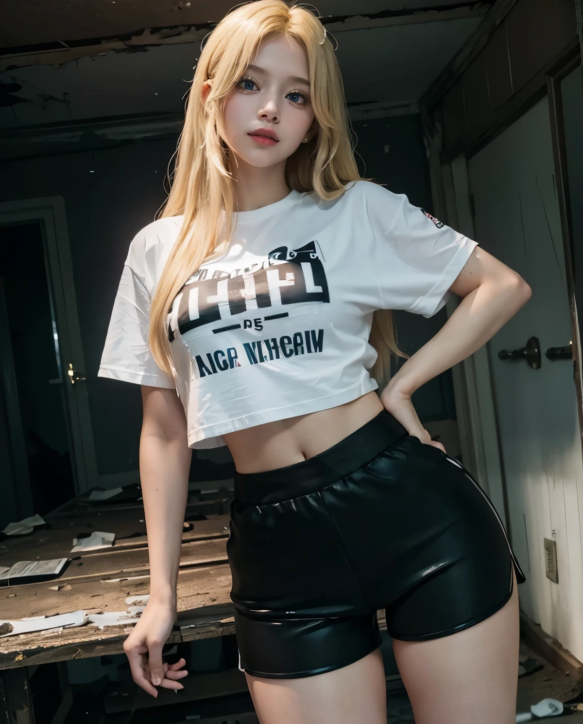 1girl, Blue eyes, (smile), (Sana Minatozaki), wide hips, Big , big ass, (Best Quality, 8k, Masterpiece: 1.3), perfect hands, Clear Focus: 1.2, Perfect Body Beauty: 1.4, Highly detailed face and skin texture, detailed eyes, double eyelids, (blonde long hair :1.2), (black sports shorts :1.3), (white t-shirt), standing, dynamic pose, (in a scary abandoned house at night :1.4), ((dark theme :1.3)), (darkness), fog, mist, dim light, 