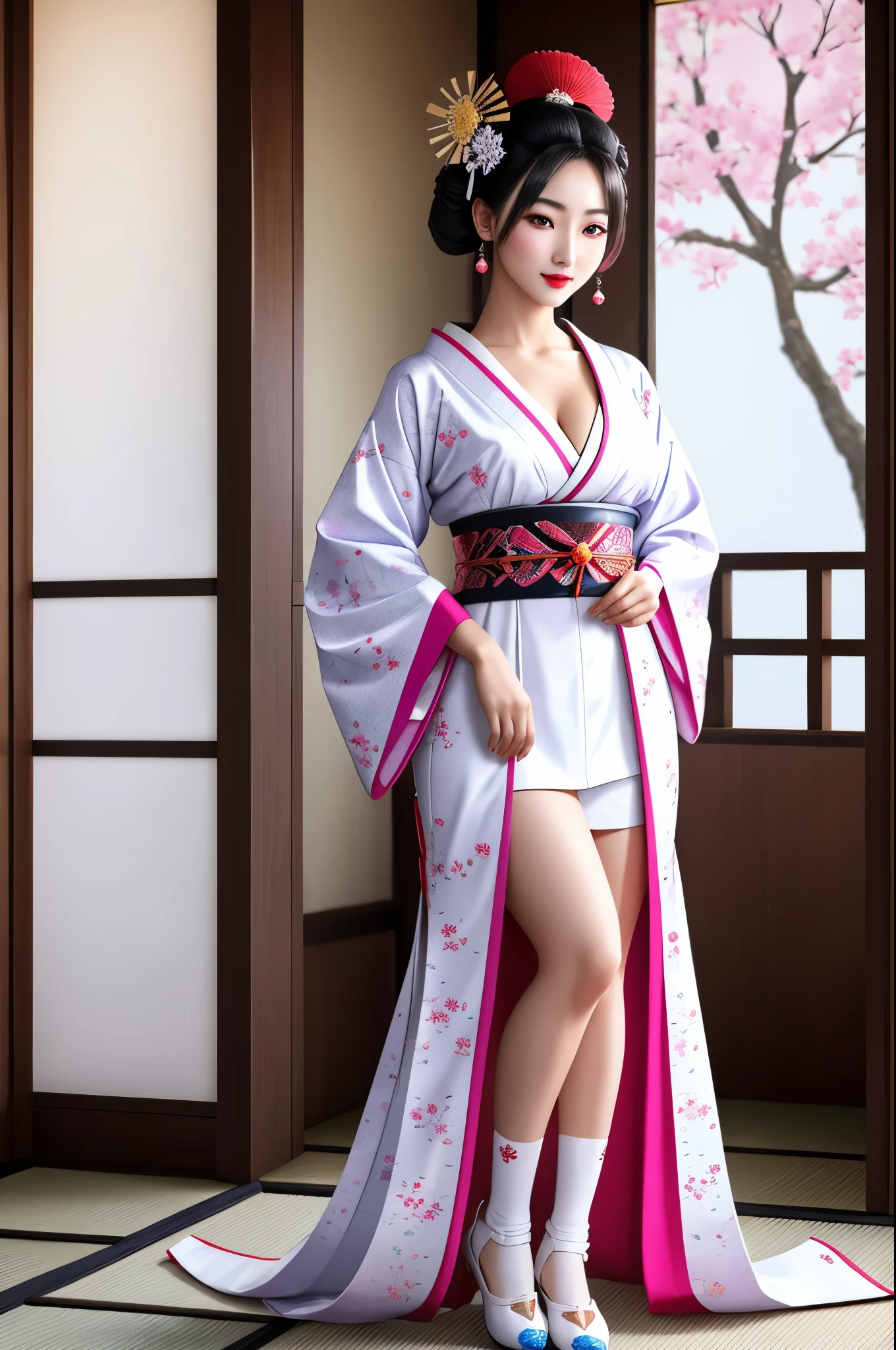 detailed realistic image of 1 young geisha, (full body shot:1.5), traditional japanese beauty, light purple-blue-green-pink-white sexual kimono with highly detailed traditional pattern, traditional intricate geisha hairstyle, hair sticks, kanzashi, kanoko, bira-bira, japanese traditional women's hair ornaments, flirts with camera, seducing smile, ultra sexy, fancy makeup, heavy eye makeup, red lipstick, [[[long legs in (((white opaque stockings with complex intricate traditional pattern)))]]], big breasts, cleavage, in traditional japanese interior, (Best Quality, 16K, Masterpiece, UHD, Ultra quality cinematic lighting, Huge detail, Well lit, 35mm, sharp, hyper realistic, epic scale, insane level of details, beautiful detailed girl, very detailed eyes and face, beautiful detailed eyes, ultra detailed skin, realistic skin)