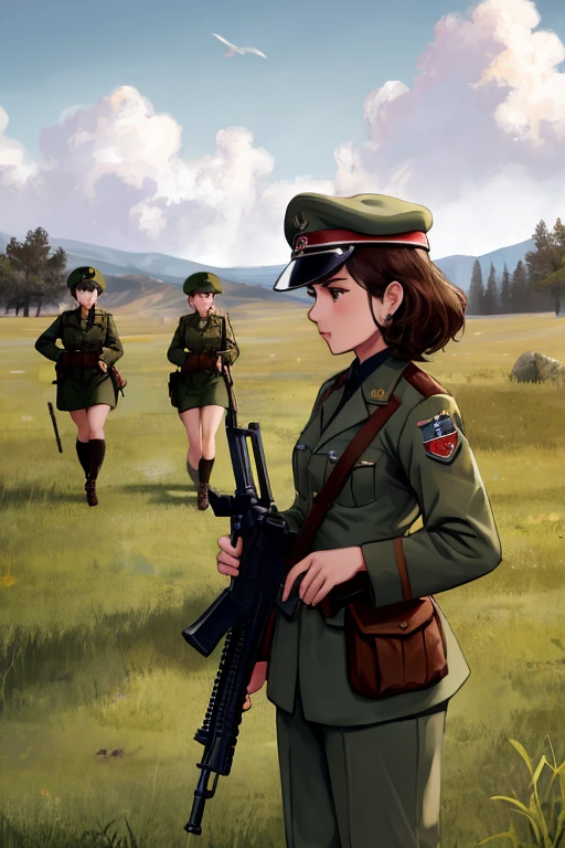 girls in WWII military uniform, using rifles, on the battlefield