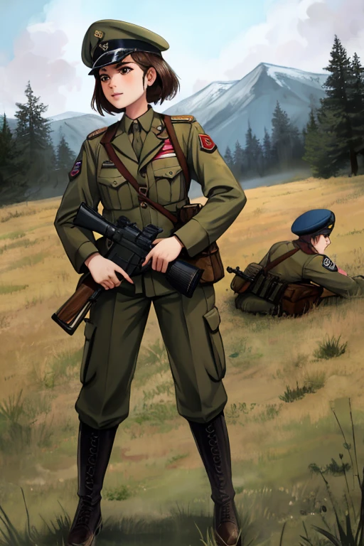 girls in WWII military uniform, using rifles, on the battlefield