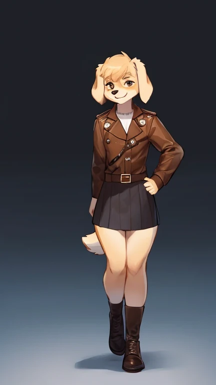Author: Bebebebebe, (Best quality, Super detailed illustration), (anthro girl dog:1.5) floppy ears, cream fur color, short tousled curly hair, Robber's clothes, DnD ,buttoned leather jacket, skirt, perfect body, extremely detailed, The legs are extremely detailed, The face is very detailed, The eyes are perfectly detailed, (The anatomy is very detailed:1.2), perky smile, thick thighs, thin waist