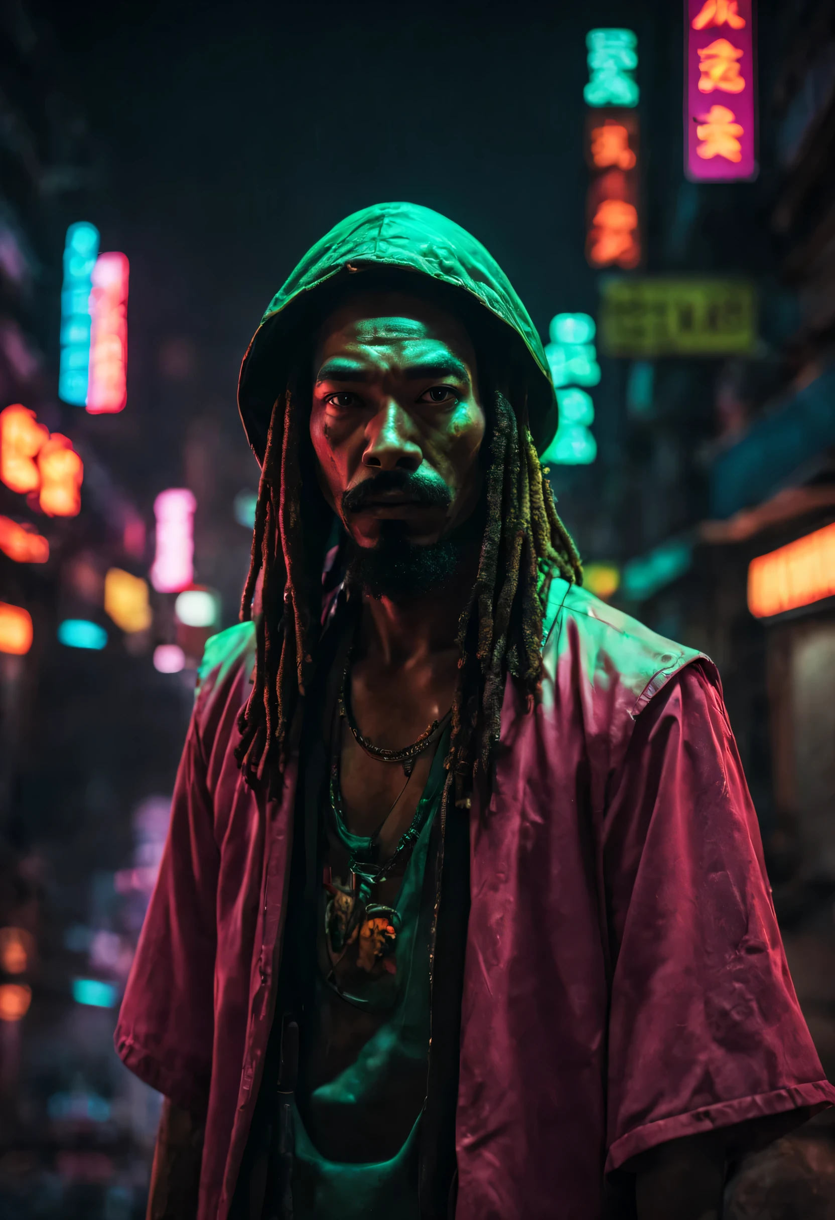 Rastamã, black neon, fotografia, Nojento, Profundo brilhante curto Yuan Dinastia Macho Rogue, luar, Canon R5, Ciberpunk, escuro, Ruas chuvosas, Placas de neon, alto contraste, luz baixa, vibrante, altamente detalhado