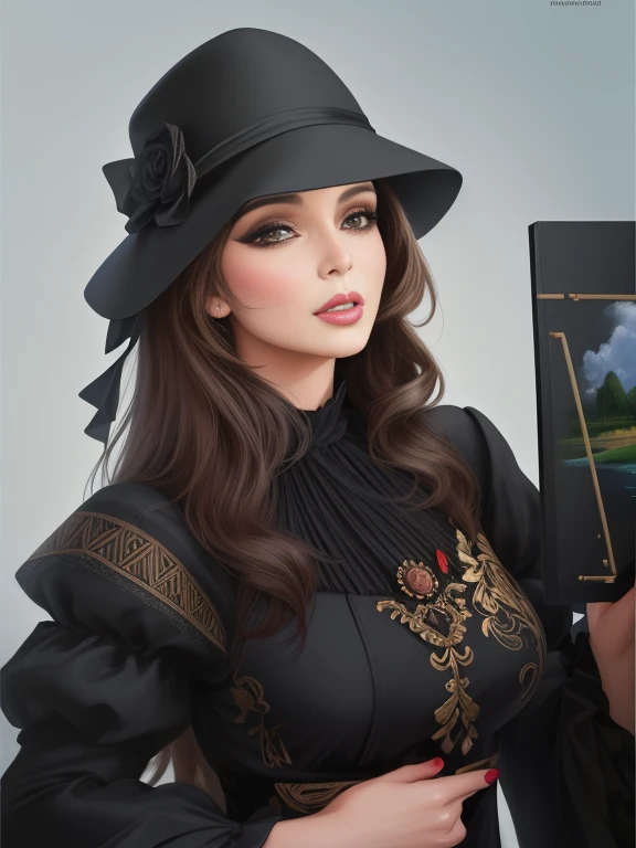 There is a woman with a hat and a black dress, no estilo da pintura digital, arte digital of an elegant, in digital illustration style, #1 pintura digital de todos os tempos, # 1 pintura digital de todos os tempos, retrato digital, retrato de Kim Kardashian, arte digital. @mariomaniacdude, arte digital!!, pintura digital de desenho animado, arte digital picture