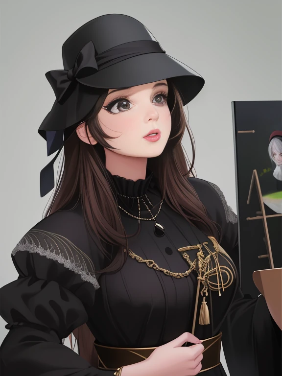 There is a woman with a hat and a black dress, no estilo da pintura digital, arte digital of an elegant, in digital illustration style, #1 pintura digital de todos os tempos, # 1 pintura digital de todos os tempos, retrato digital, retrato de Kim Kardashian, arte digital. @mariomaniacdude, arte digital!!, pintura digital de desenho animado, arte digital picture