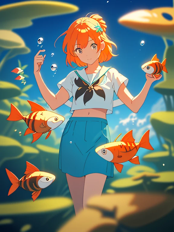 best quality,4k,8k,highres,masterpiece:1.2,ultra-detailed,realistic,submarina, conchas  plateadas，kasumi, pelo corto y naranja，misty, burbujas de colores，una planta，Bright small fish，espumoso，ocean floor, corales，( reasonable design, Clear lines, Alta nitidez,Mejor calidad, Muy detallado, obra maestra, movie light effect, 4k )