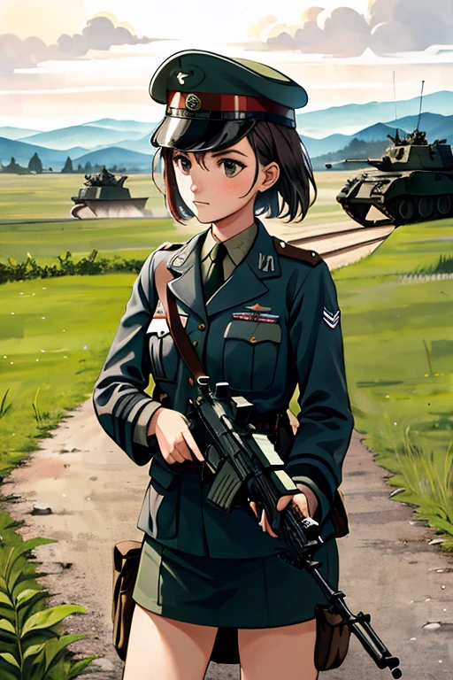 girls in WWII military uniform, using rifles, on the battlefield