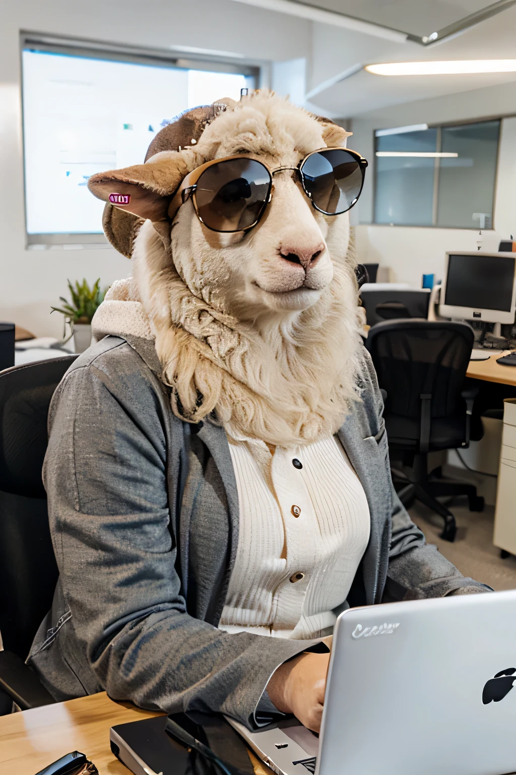 A sheep wearing sunglasses, office, working on laptop