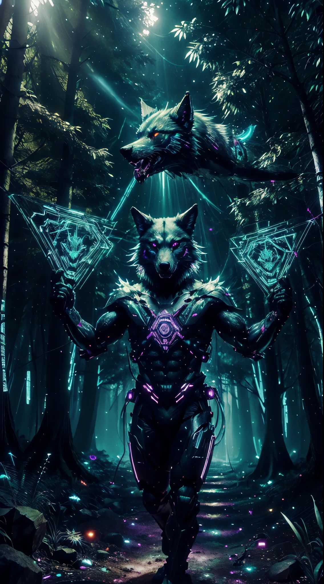 Foto RAW de CyberpunkWorld, a pack of luminescent wolves hunting in a neon-lit forest, (obra de arte:1.3) (melhor qualidade:1.2) (alta qualidade:1.1)