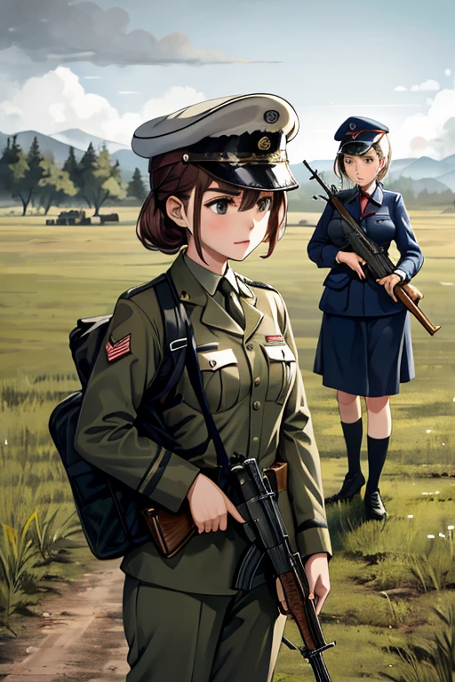girls in WWII military uniform, using rifles, on the battlefield