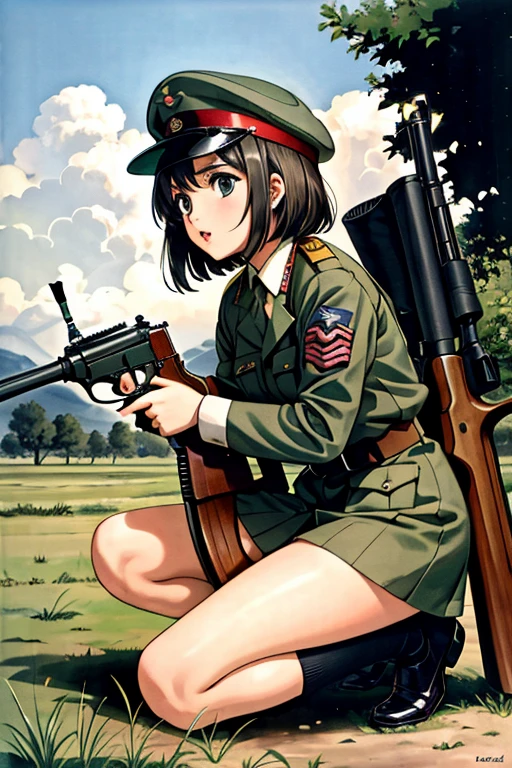 girls in WWII military uniform, using rifles, on the battlefield