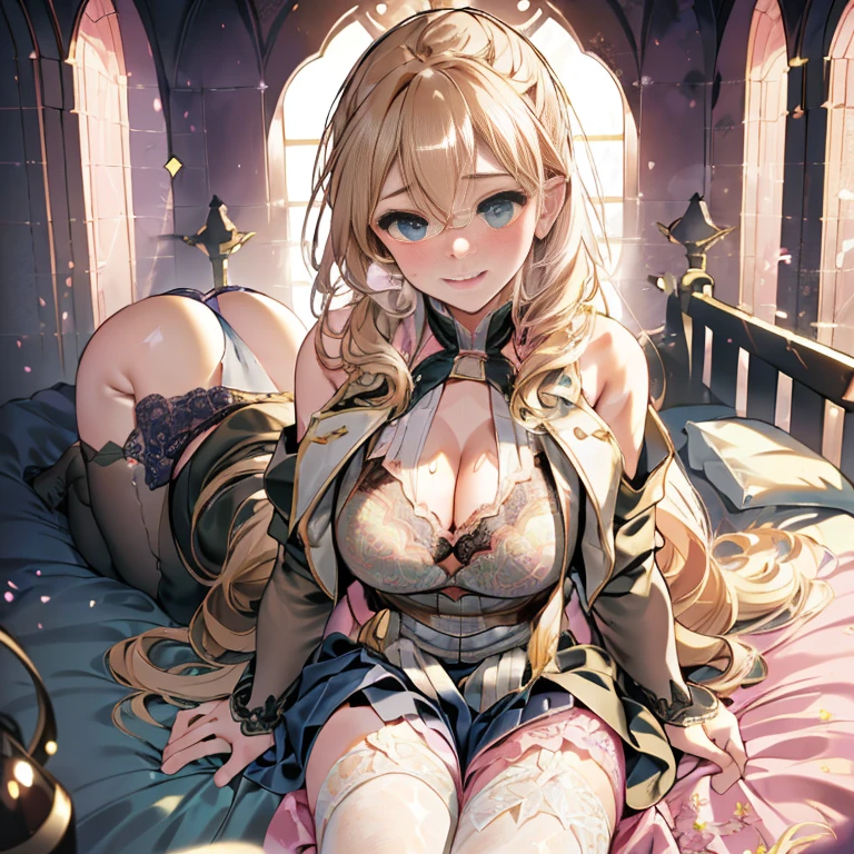 muste piece, highest quality, Highly detailed CG Unity 8K wallpaper, sexy witch , long dark blonde wavy hair、off shoulder knit, dark blue pleated skirt, stockings、medium breasts, saggy breasts, , blush, shy laugh, , (pink floral lace panties、pink floral lace bra、((open your legs wide))、Wet chest and crotch、open your knees、、Massage your chest with your hands）、Wet chest and crotch、open your knees、、Massage your chest with your hands）、、magic book、Church Beds、all fours on bed、stick out your butt、
